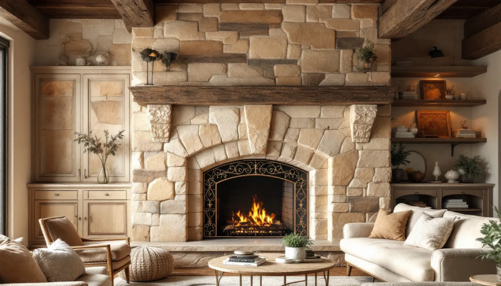 A beautiful stone fireplace surround that showcases the charm and beauty of natural stone.