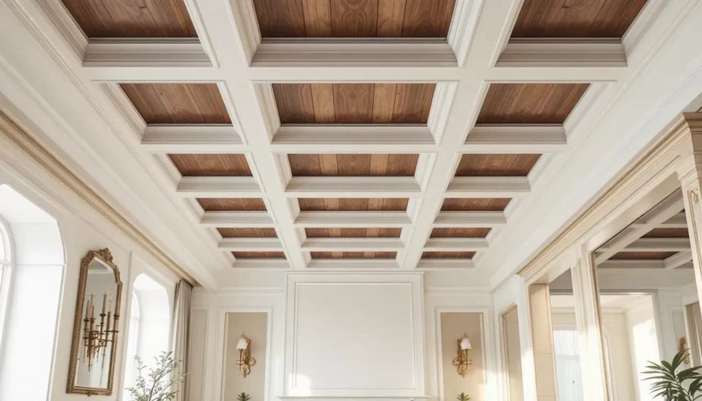Factors influencing the cost of coffered ceilings, illustrated by a visual comparison of materials.