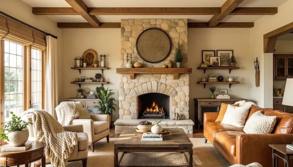 Different styles of stone fireplace surrounds displayed in a cozy living room setting.