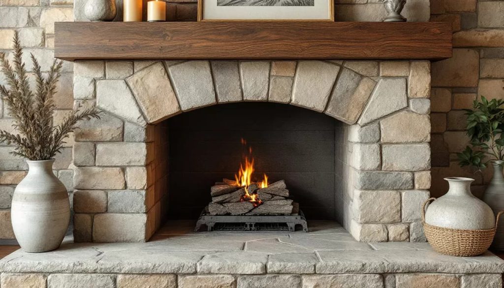 A close-up of stone textures and colors used in fireplace design.