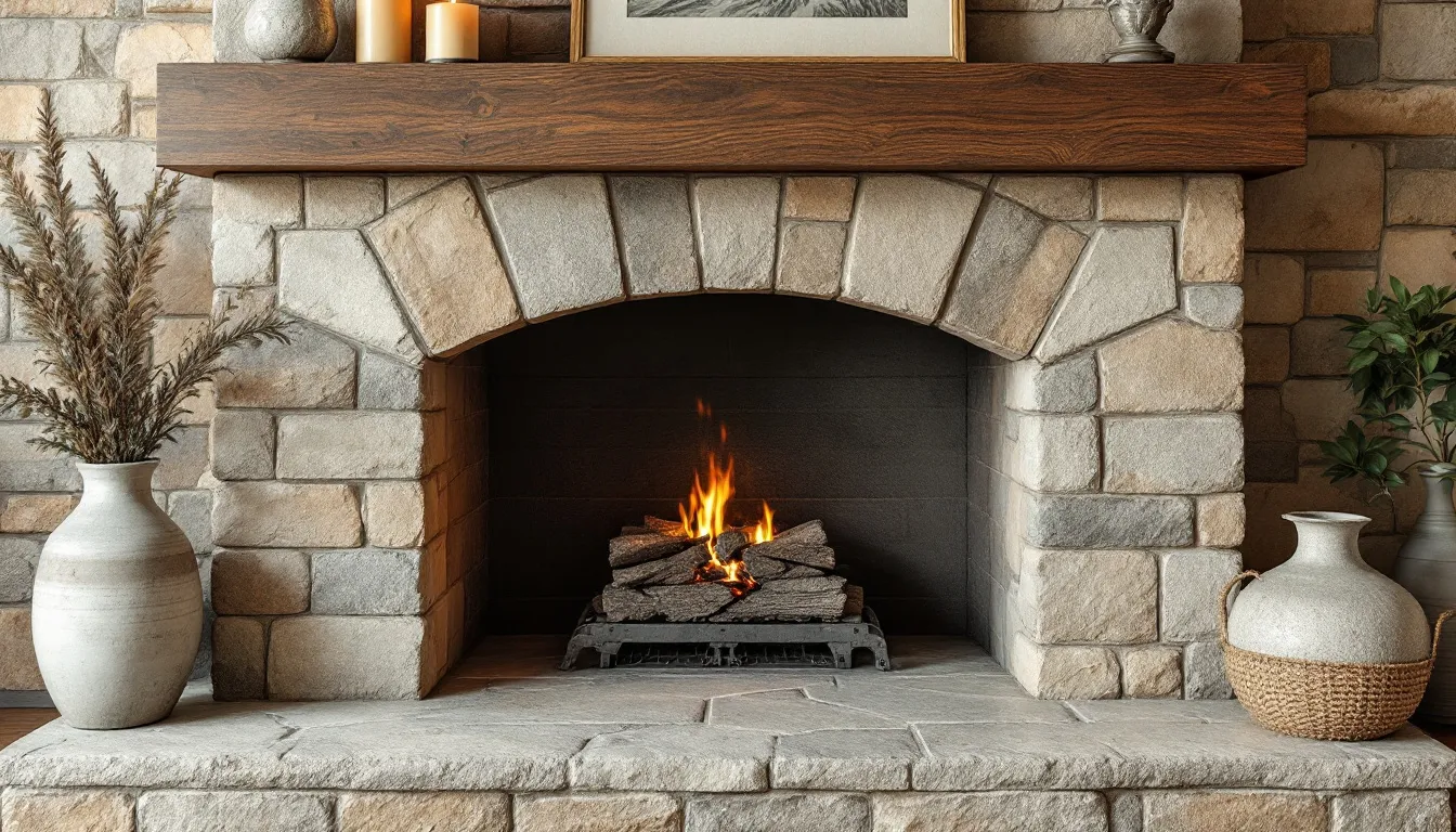 A close-up of stone textures and colors used in fireplace design.