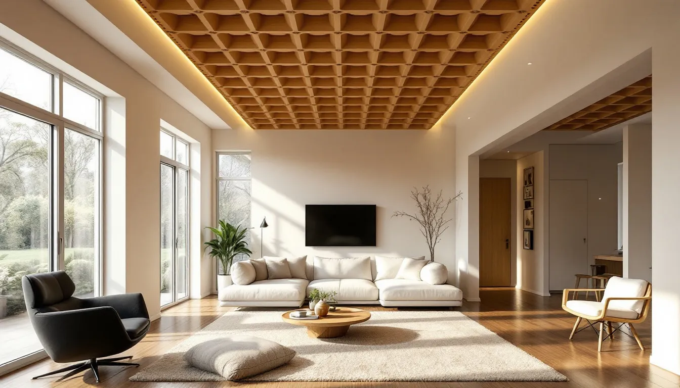 In the image, a beautifully designed dining room features a modern waffle ceiling, showcasing an intricate grid pattern of evenly spaced squares that enhance the room's aesthetic appeal. The high ceilings, accented with crown molding and decorative lighting fixtures, create a striking architectural design that adds depth and market value to the home's interior.