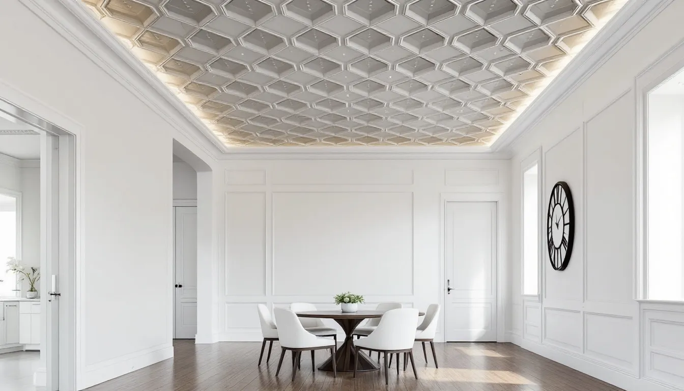 A dining room featuring a stunning waffle ceiling, ideal for entertaining guests.