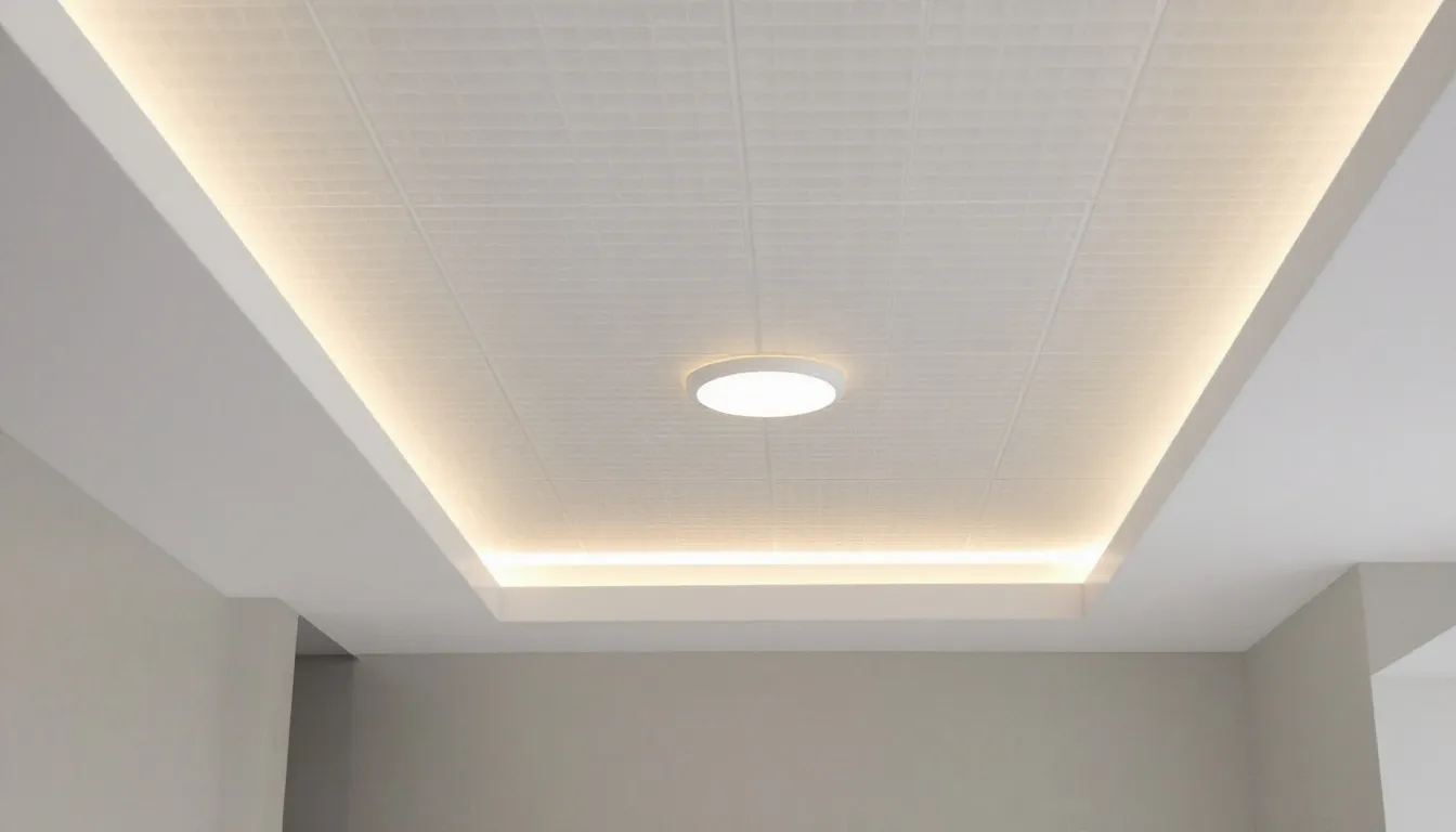 The image showcases a contemporary waffle ceiling design featuring a sleek, geometric grid pattern with evenly spaced squares in soft pastel colors. This minimalist ceiling enhances the room's aesthetic appeal, making it an elegant architectural feature suitable for modern homes.
