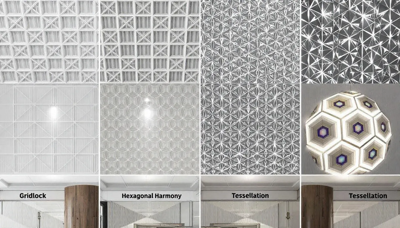 Various styles of waffle ceilings displayed in a modern interior setting.