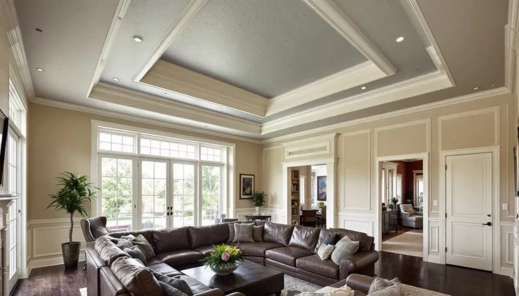 A beautifully designed tray ceiling features recessed