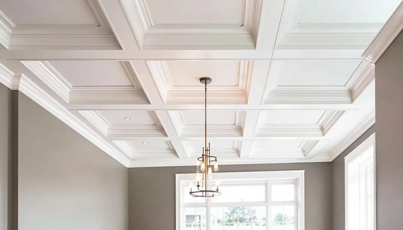 An elegant coffered ceiling design in a dining room.