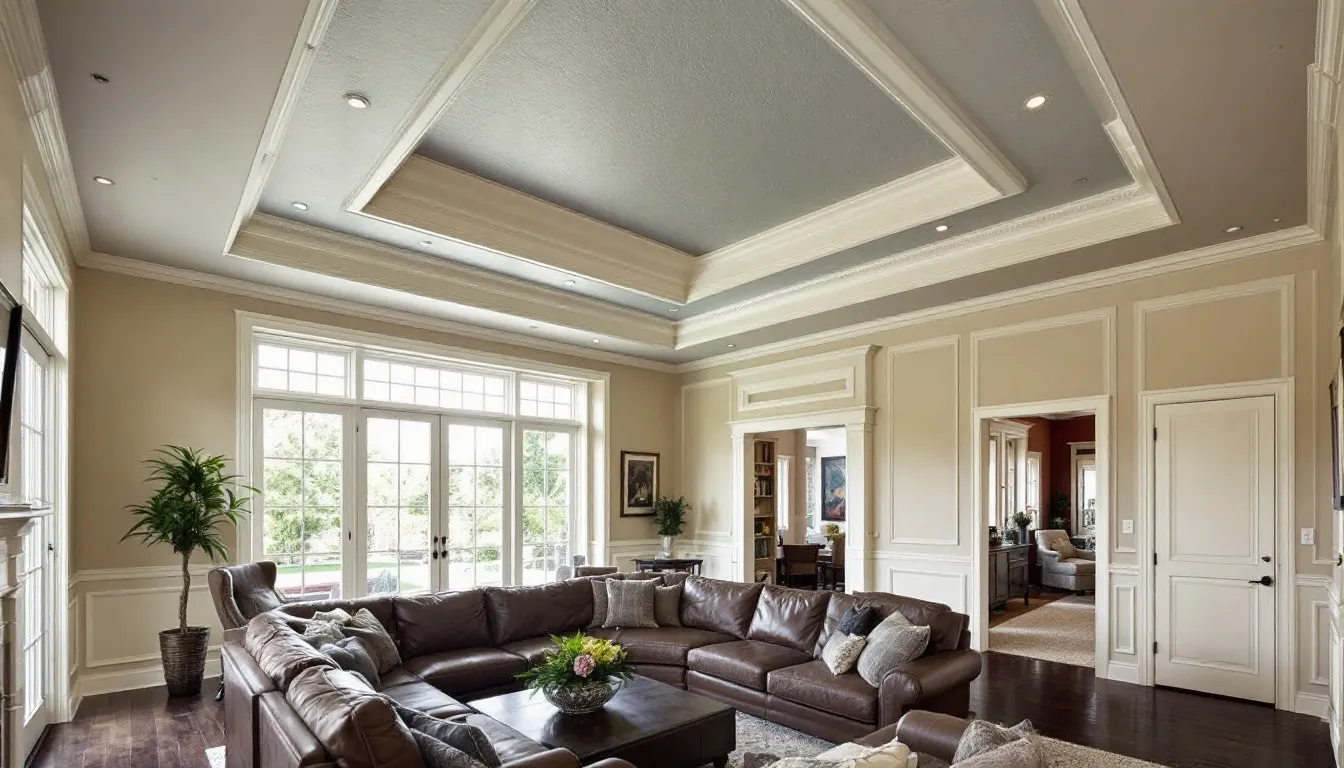 A beautifully designed tray ceiling features recessed, inverted panels that create a three-dimensional effect, enhancing the room's height and spaciousness. This elegant ceiling style adds a luxurious touch to spaces like dining rooms and bedrooms, significantly elevating the overall aesthetic appeal.