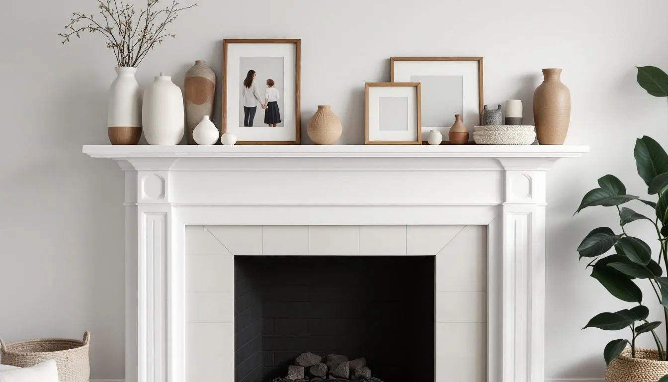 In the image, a deep white fireplace mantel is adorned with a mix of family photos and neutral-toned decor items, creating a cozy and elegant focal point in the living room. The arrangement features varying heights, including tall vases and shorter objects, adding visual interest to the space above the wood fireplace.