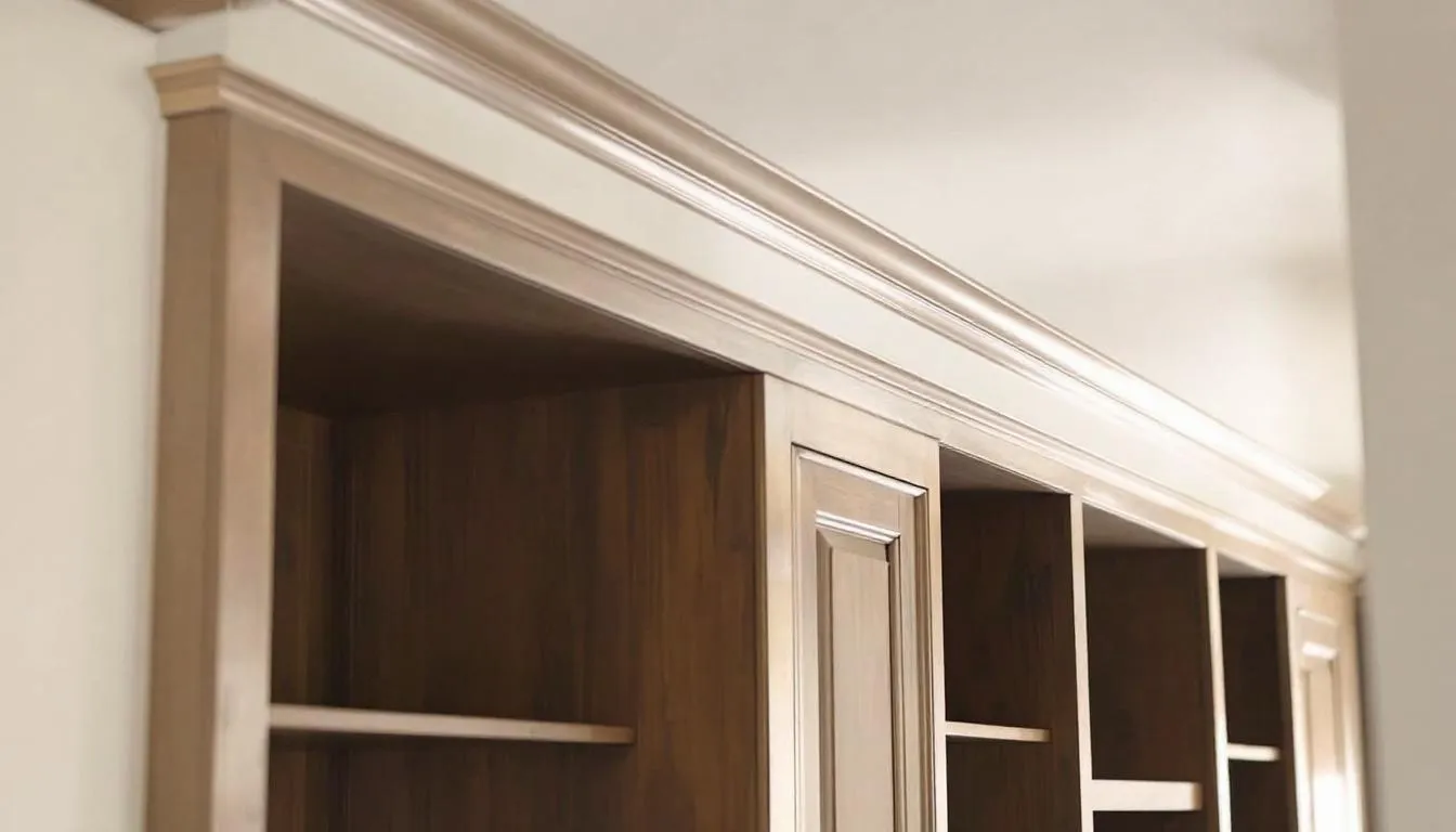 In this image, thick white crown molding elegantly frames the ceiling, enhancing the architectural detail of the room while creating a polished and sophisticated look. The clean lines of the decorative trim draw the eye upward, making the space feel taller and more cohesive, particularly around built-in bookshelves and cabinetry.