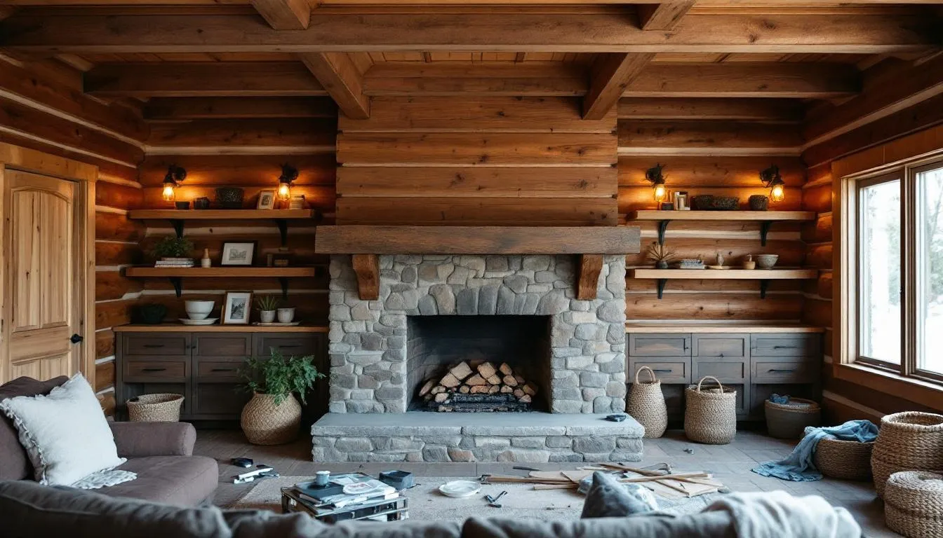 An installation process of a new fireplace mantel in a cozy living room.