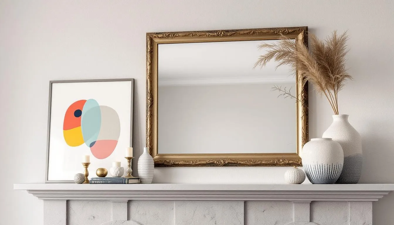 The image features a beautifully decorated fireplace mantel in a living room, showcasing a combination of mirrors, artwork, and vases that create a striking focal point. The rustic wood mantel, complemented by various textures and heights, adds depth and enhances the room's overall aesthetic appeal.