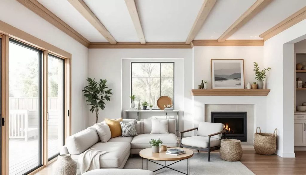 In the image, a modern farmhouse-style interior showcases clean crown molding along the ceiling, enhancing the architectural features of the space. The combination of thick white crown molding and natural wood finishes creates a warm and inviting atmosphere, making the room feel polished.