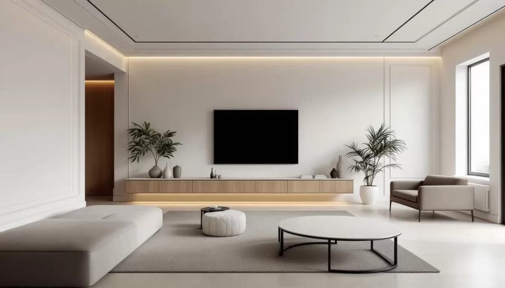 A minimalist interior design featuring sleek crown molding.