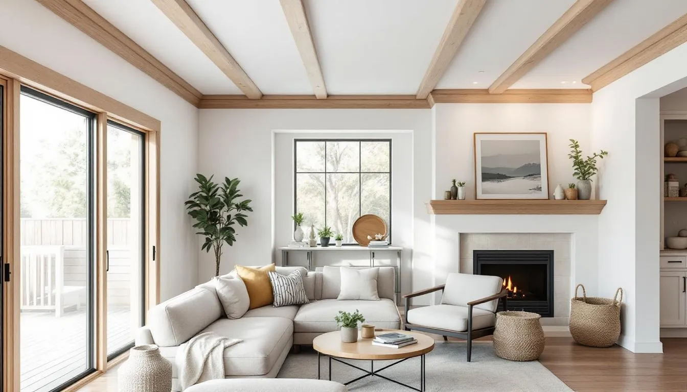 In the image, a modern farmhouse-style interior showcases clean crown molding along the ceiling, enhancing the architectural features of the space. The combination of thick white crown molding and natural wood finishes creates a warm and inviting atmosphere, making the room feel polished.