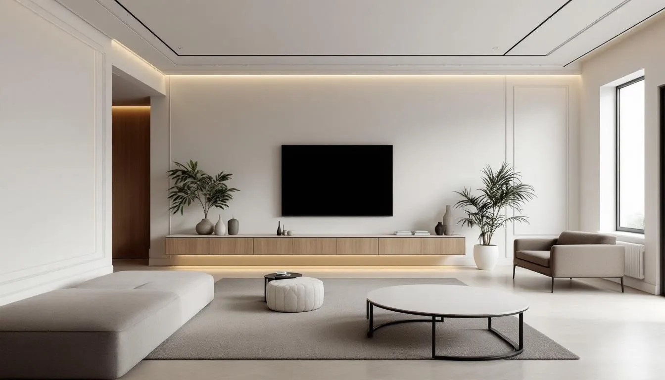 A minimalist interior design featuring sleek crown molding.
