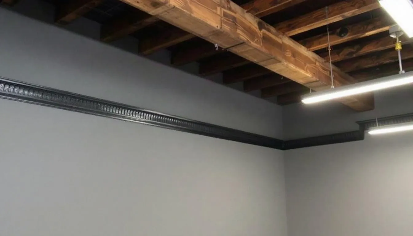  an industrial office features thick white crown molding that harmonizes with rustic wooden beams, creating a sophisticated blend of modern and natural elements. The cohesive color scheme enhances the polished atmosphere, making the space feel organized and stylish, while the decorative trim draws the eye upward, emphasizing the architectural detail.