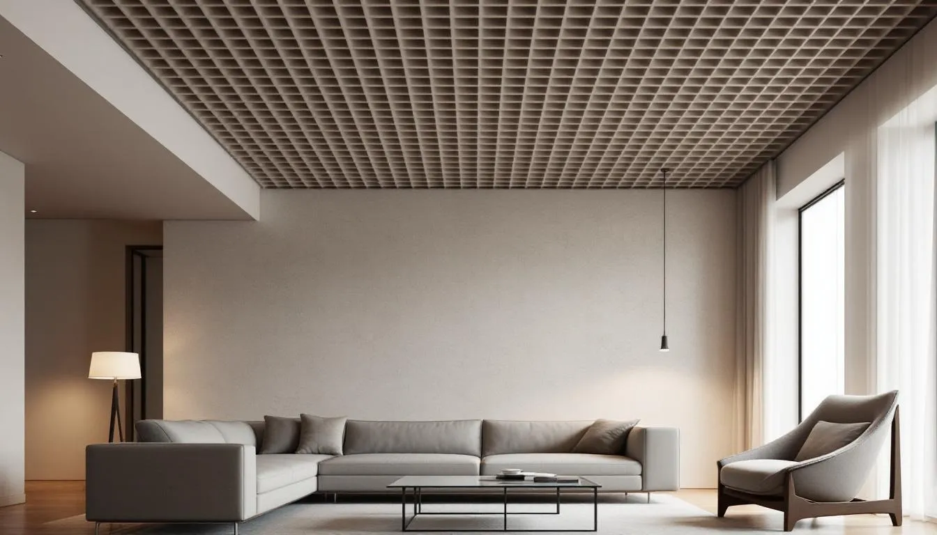 An elegant living room with a waffle ceiling that enhances its visual appeal.