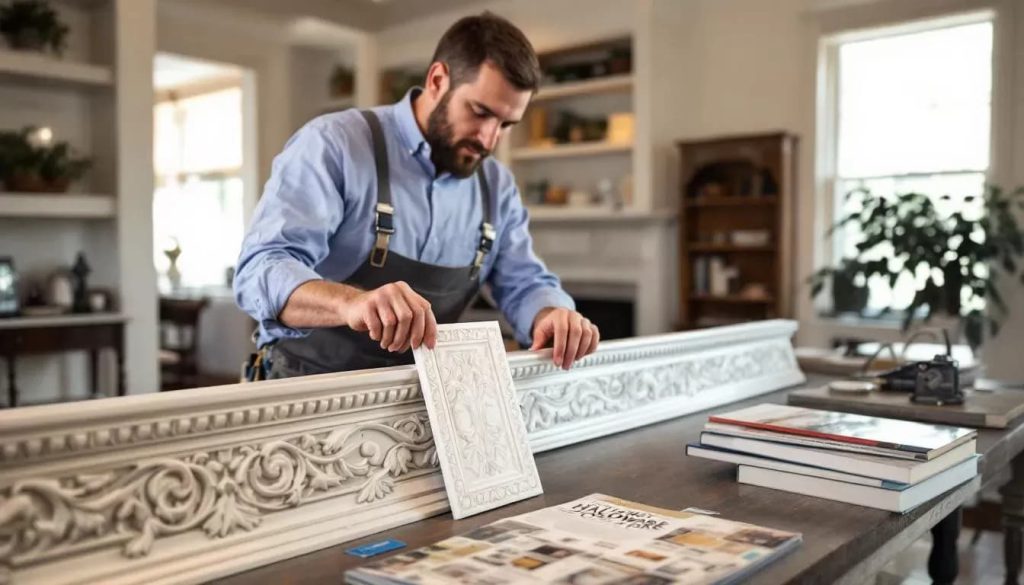 The image depicts a beautifully restored room showcasing intricate crown moldings that seamlessly blend with the existing decor, highlighting the historical accuracy of the restoration project. The elegant ceiling moldings add character and charm to the space, demonstrating the meticulous attention to style and materials necessary for a perfect match.
