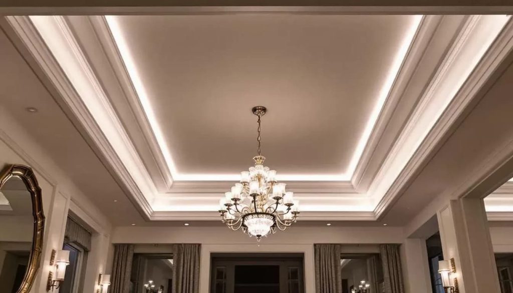 Chandeliers and pendant lights enhance the beauty of a tray ceiling.