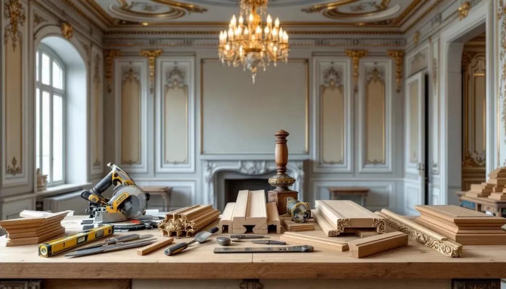 Tools and materials used for installing ceiling moldings.