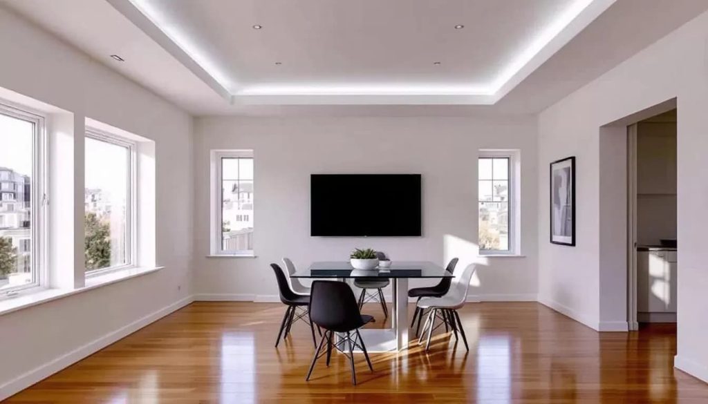 A beautifully decorated dining room featuring a tray ceiling.