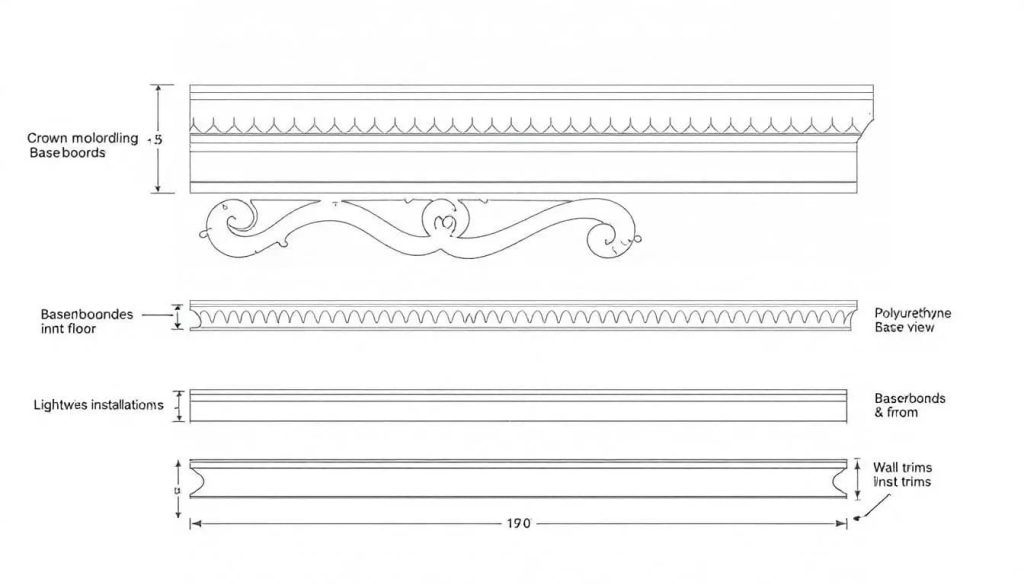 The image showcases various types of ceiling moldings, including elegant crown moldings, functional baseboards, and stylish wall trims, highlighting their diverse materials and designs that can enhance the aesthetic of any room. Each molding type serves a unique purpose, contributing to the overall harmony and style of the space.