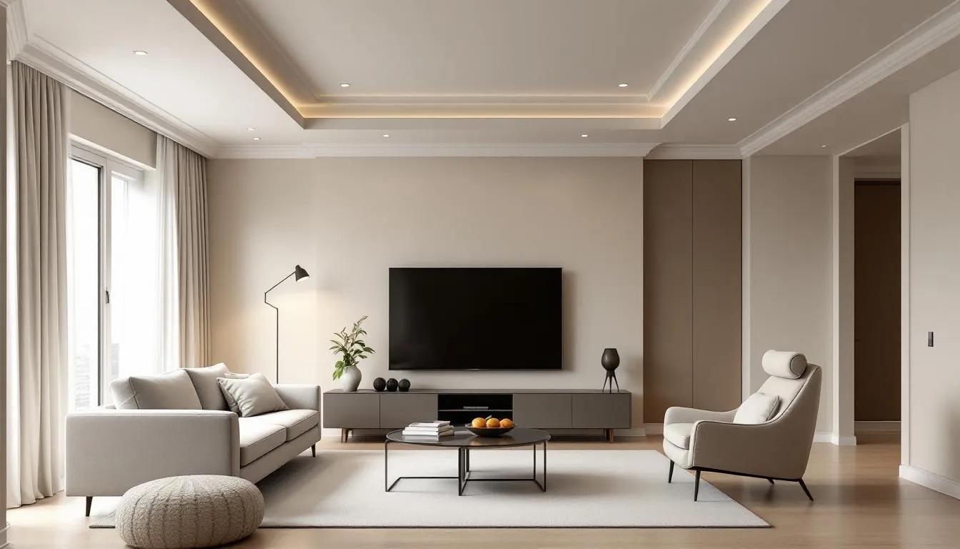 A modern living room with a tray ceiling that adds depth and elegance.