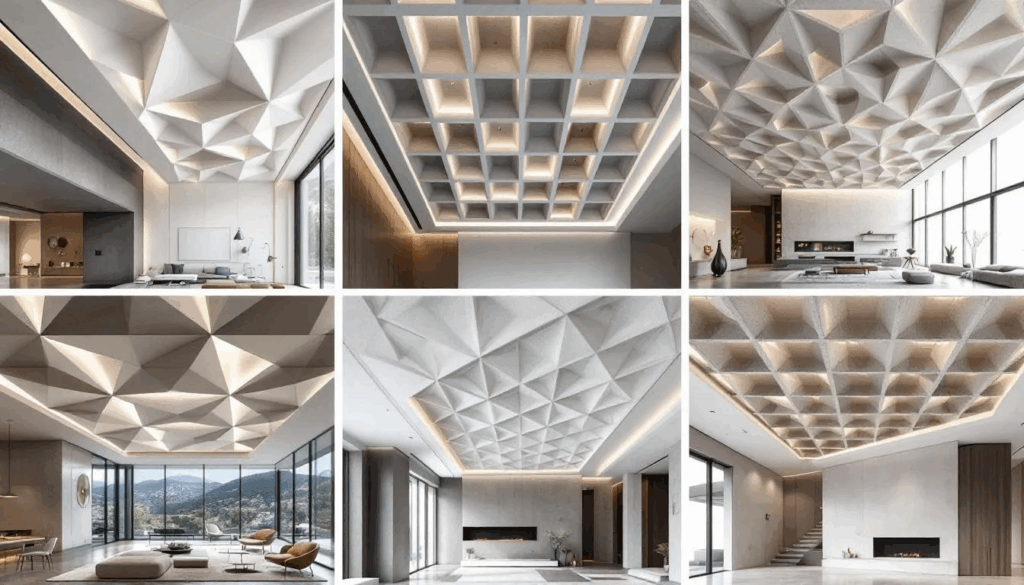 Various popular waffle ceiling designs displayed in a modern interior.