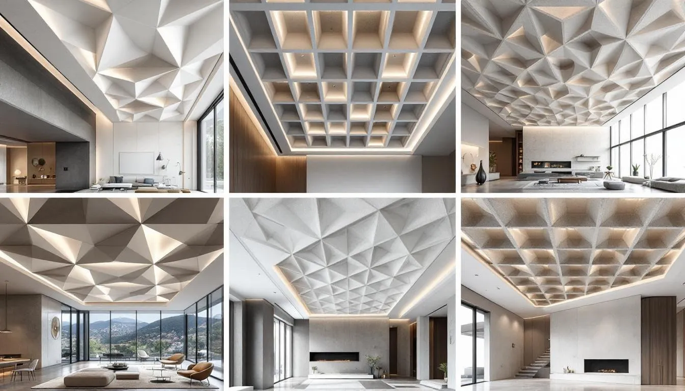 Various popular waffle ceilings designs displayed in a modern interior.