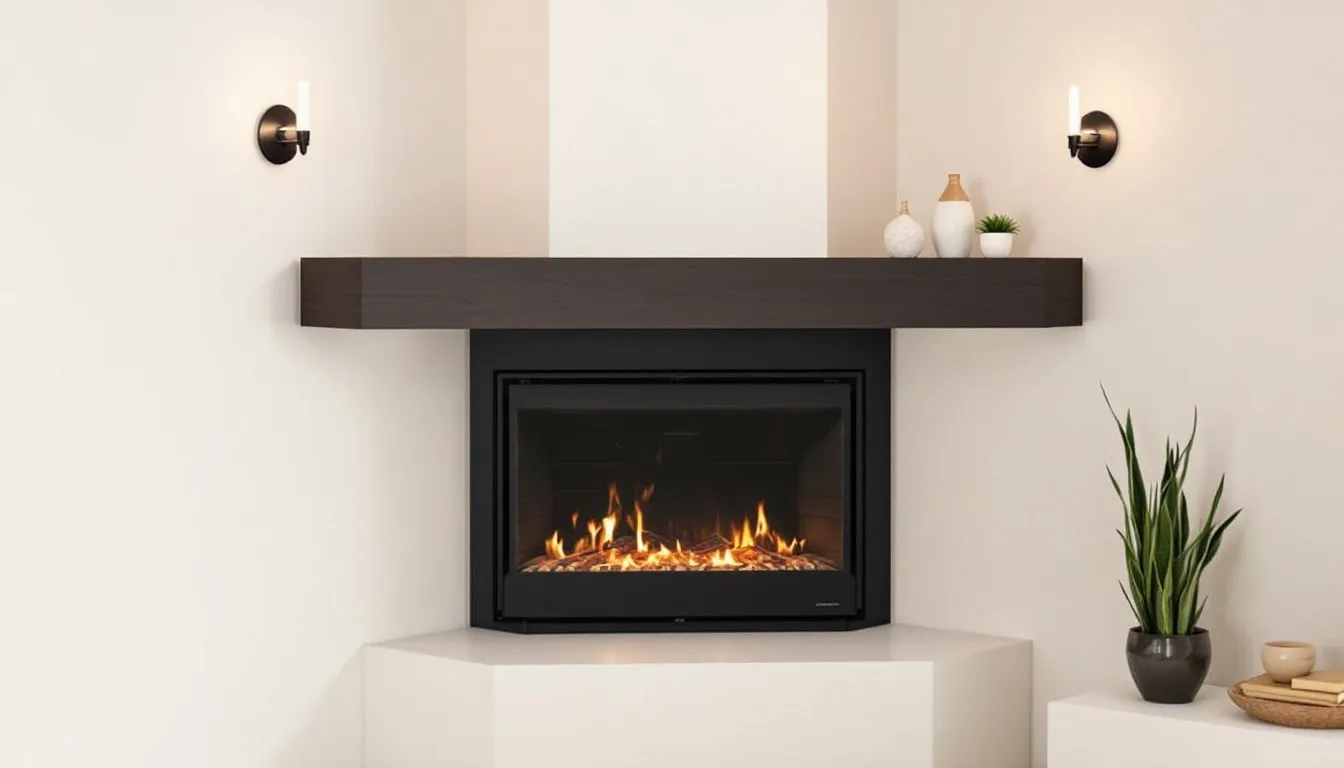 A beautifully designed corner fireplace with a wooden mantel and elegant decor.