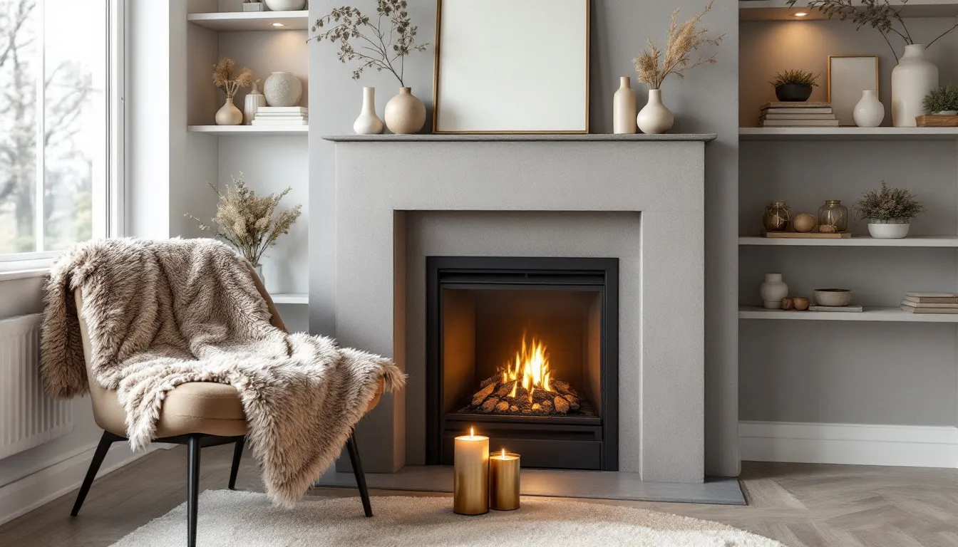 Accessorized corner fireplace with seasonal decor and elegant accessories.