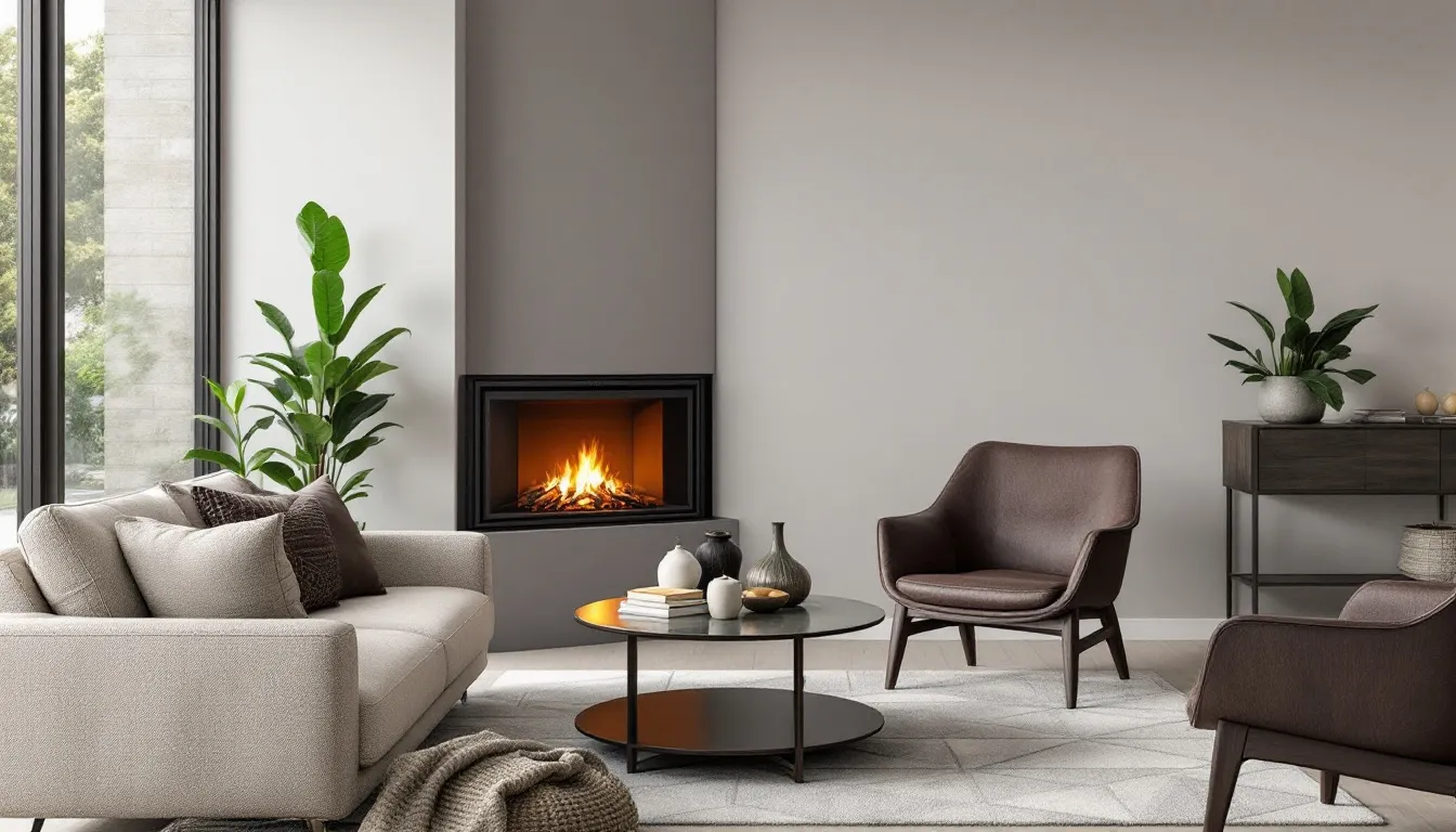 A cozy living room with a corner fireplace creating a warm atmosphere.